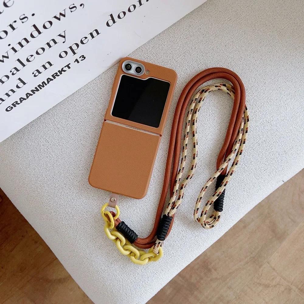 Простой кожаный чехол-ремешок с узором через плечо для Samsung Z Flip 6 5 4 3 Flip6 Flip5 Flip4 Flip3 5G Защитный чехол