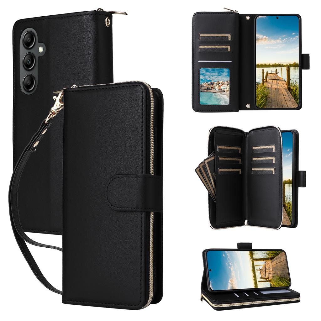 For Samsung Galaxy A17 5G Case 9 Card Slots Zipper Pocket PU Leather Phone Cover with Wrist Strap