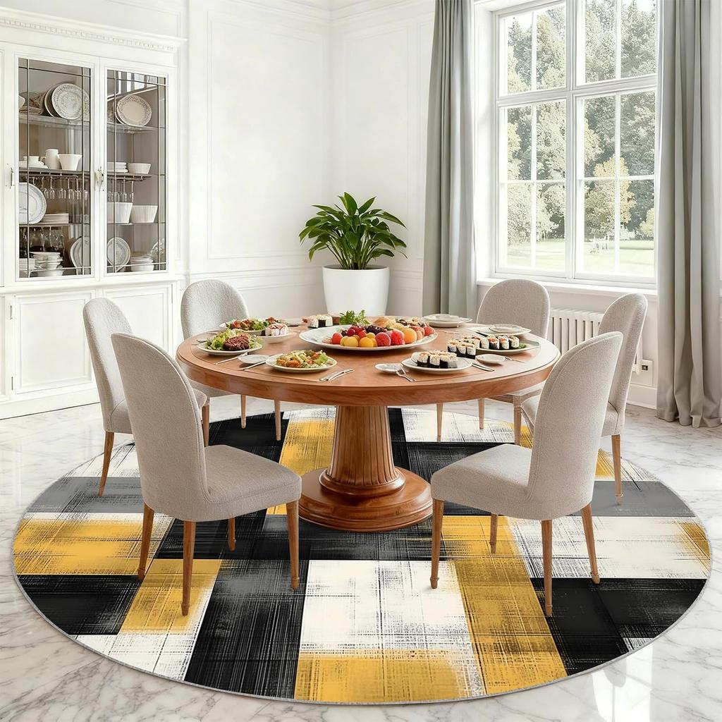 Modern Round Geometric Area Rug Polyester Foam Mat Black Yellow Plaid Abstract Design for Living Room Home Decor Accent Carpet