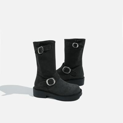 Ретро металлическая пряжка круглый носок ботинки Мартин толстая подошва на высокой толстой платформе средняя голень короткие ботинки пряжка ремень наслоенные ботинки