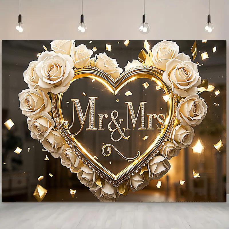 1 шт. Свадебный фон Mr&Mrs с белыми розами и золотыми сердцами, настенный декор для фотосъемки, вечеринки, плаката на день рождения, годовщину для улицы и помещения
