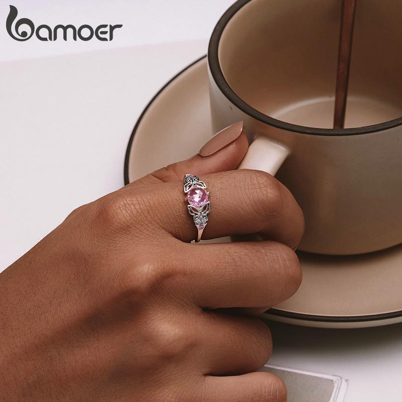 BAMOER кольцо из стерлингового серебра 925 пробы с розовым камнем и ажурным кольцом на палец в виде бабочки с кубическим цирконием для женщин, подарок на день рождения, ювелирные изделия