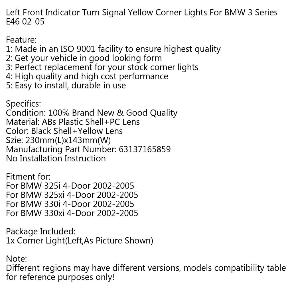 Left Front Indicator Turn Signal Yellow Corner Lights Fit For BMW 3 Series E46 02-05