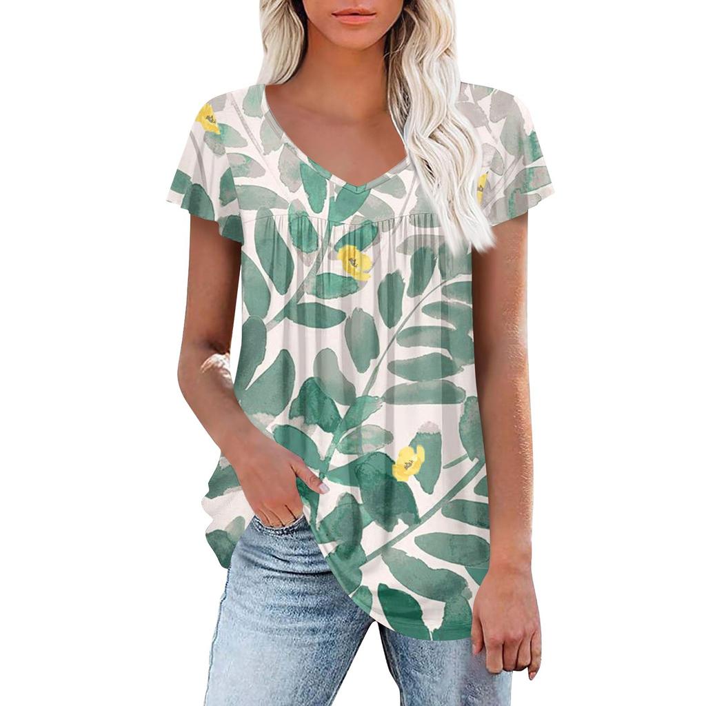 Women's Tunic Tops Elegant Casual Summer Short Sleeve Shirts Floral Loose Pleated Bohemian Tops
