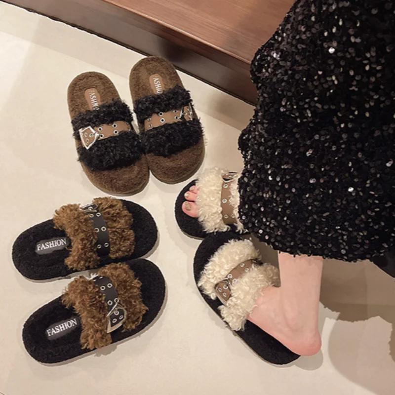 Fashion 2024 Winter Women's Thick Bottom Belt Buckle Slippers Outdoor New Round Head Warm Plush Cotton Slippers