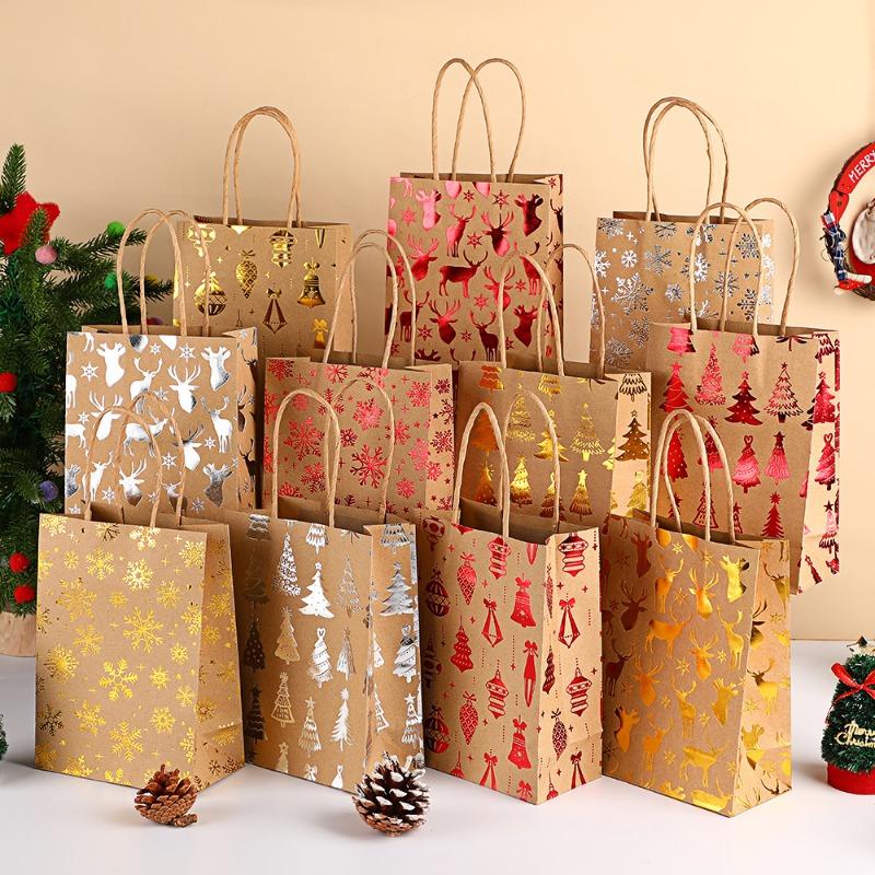 12Pcs 15*8*21cm Christmas Handles Kraft Paper Gift Bags Party Favors Packaging Gift Bag