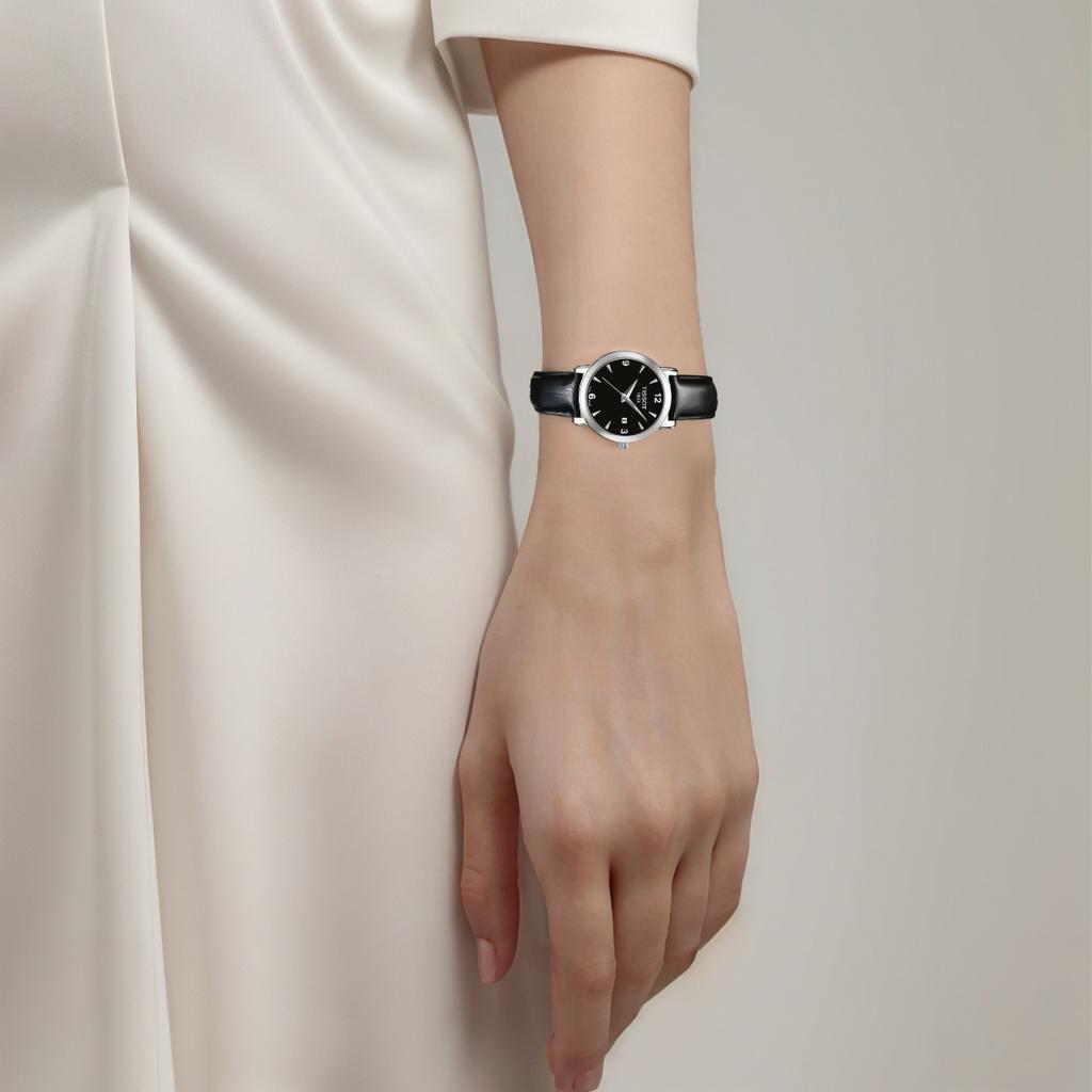Tissot Женские часы Meishi Collection с кварцевым механизмом 28 мм, черный циферблат, корпус из нержавеющей стали, кожаный ремешок T057.210.16.057.00
