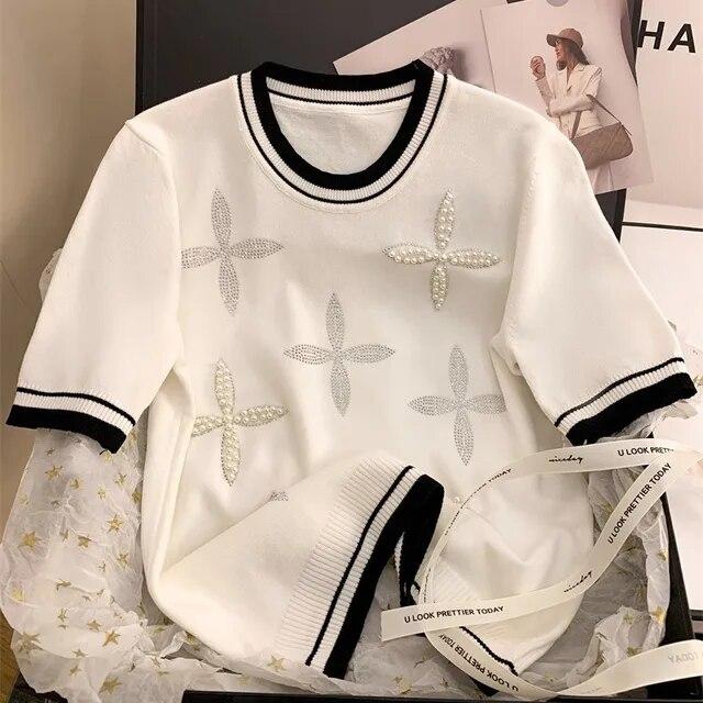 Футболки Lce Silk O-neck Beading, модные, милые, трикотажные, с коротким рукавом, летние, свободные, черные, женские