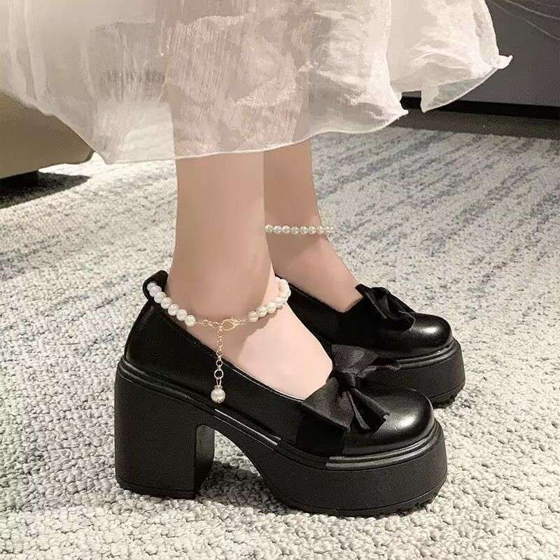 Mary Jane Shoes Women's Spring 2025 New Fashion High Heel Bow Platform Heel Pearl with Skirt Small Leather Shoes