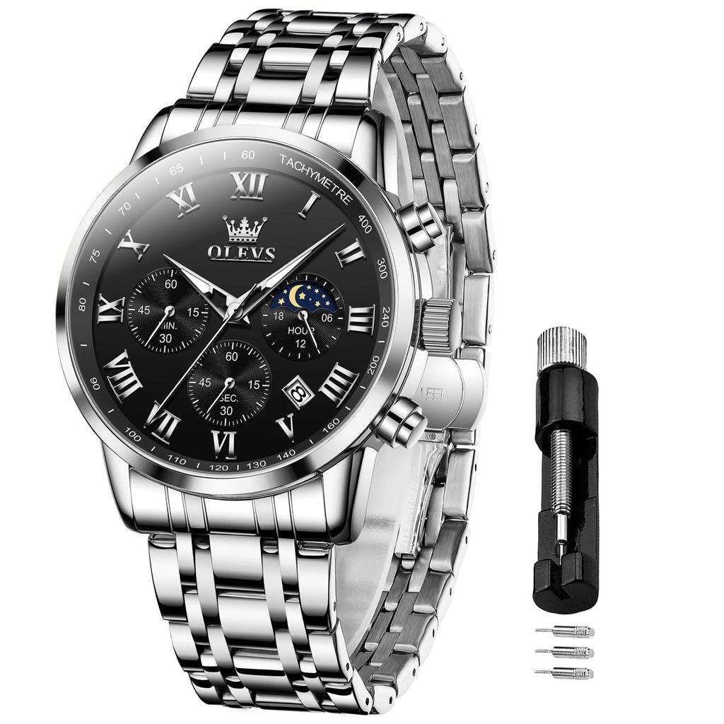 OLEVS Men's Quartz Watch Water-Resistant, Date Display, Luminous Hands, Stainless Steel Band, Black