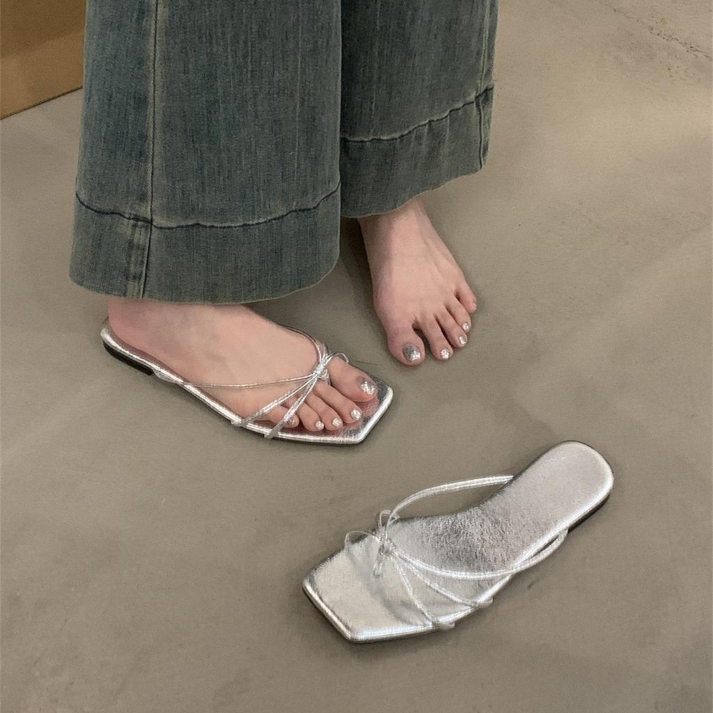 Spring 2025 New Flat-bottomed Cool Slippers Square Head Fairy Style with Skirt Strap Cover Toe Silver Sandals Women's Shoes