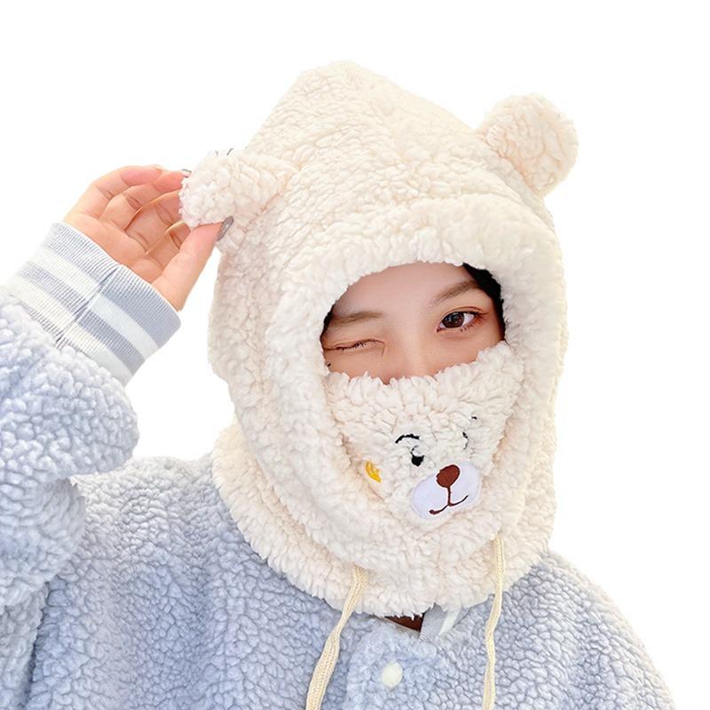 Women's Cute Bear Plush Winter Headband Scarf Mask - Windproof, Warm, Cycling Accessory