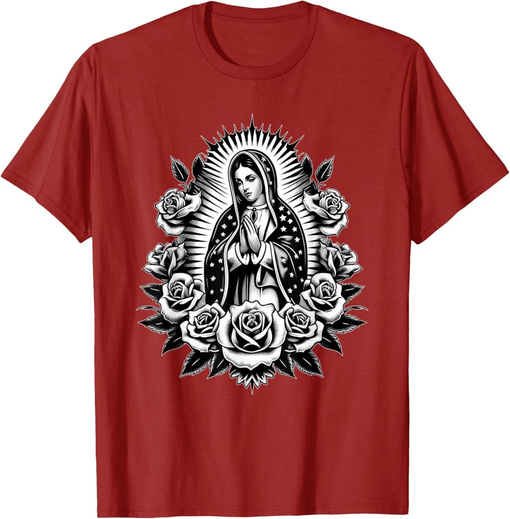 Virgin Mary Guadalupe Roses Graphic T-Shirt Religious Catholic Virginita Floral Print Tee Men Casual