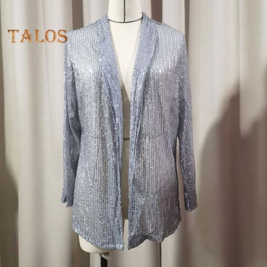 Женский кардиган с пайетками, пальто, блестящий открытый спереди, облегающий однотонный пиджак с длинным рукавом, уличная одежда для вечеринок, клубов, баров, выступлений на сцене