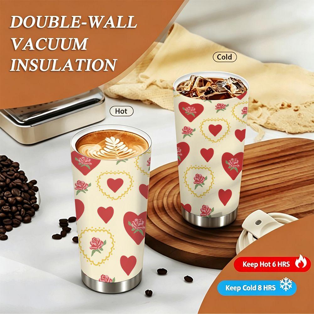 Vintage Aesthetic Rose and Heart Pattern Stainless Steel Insulated Coffee Tumbler, Reusable Vacuum Thermal Mug for Hot Cold Drinks Office Travel