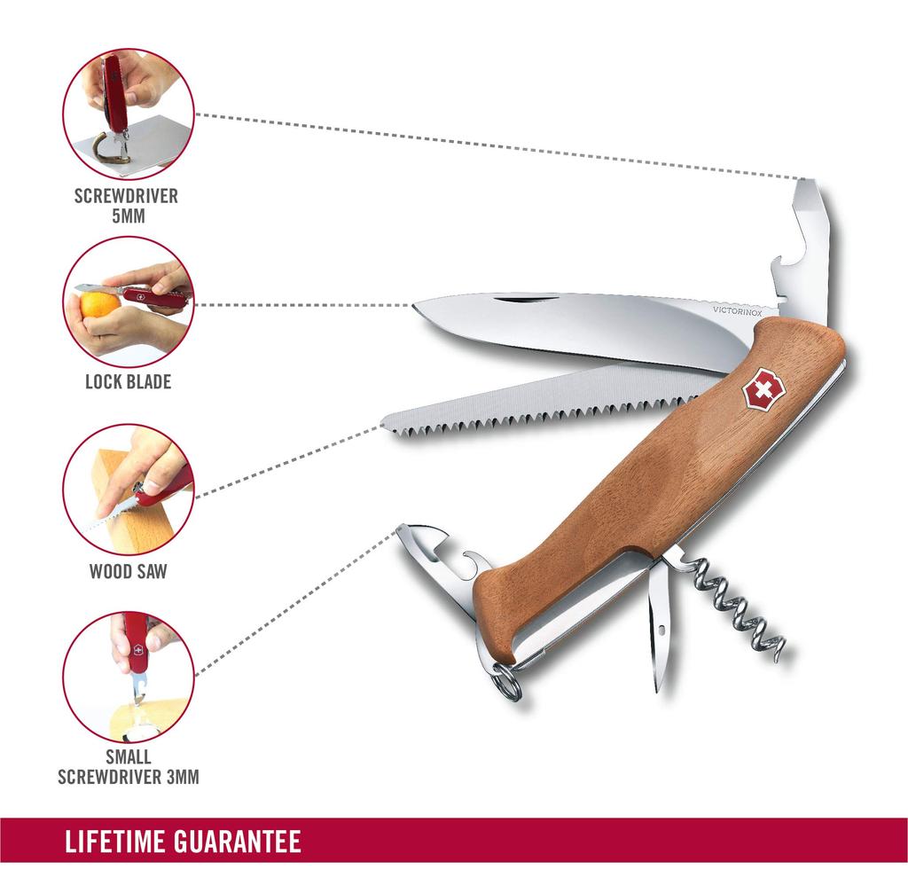 VICTORINOX Ranger Wood 55 швейцарский армейский нож для отдыха на природе с большим лезвием и замком, включая сверло, швейцарское производство с 10 функциями, компактный, катастрофический