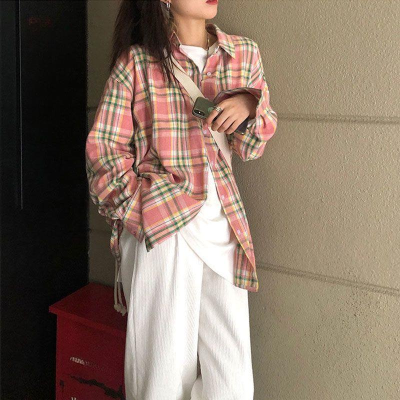 Розовая женская рубашка с длинными рукавами, контрастный ретро-повседневный клетчатый топ, простое свободное женское пальто в корейском стиле