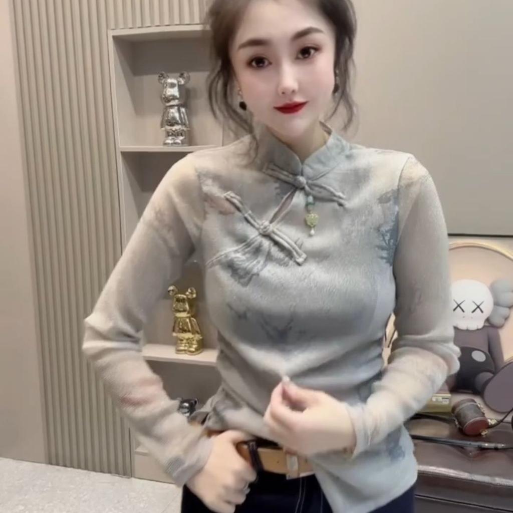 Весенний дизайн, стойка-воротник, футболка тай-дай, новая футболка с длинным рукавом, женская, приталенная, топ в новом китайском стиле