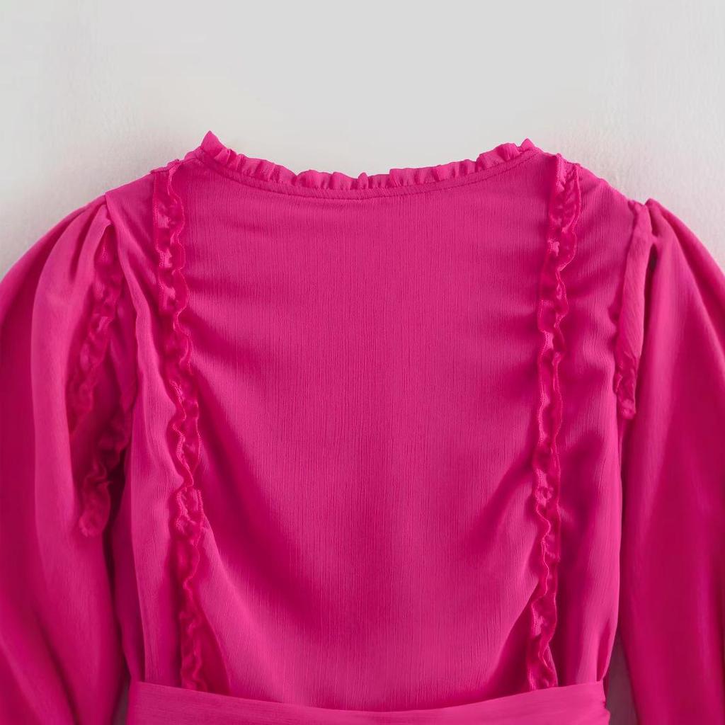 2025 Spring Women's European-American V-Neck Chiffon Ruffle Long Sleeve Dress