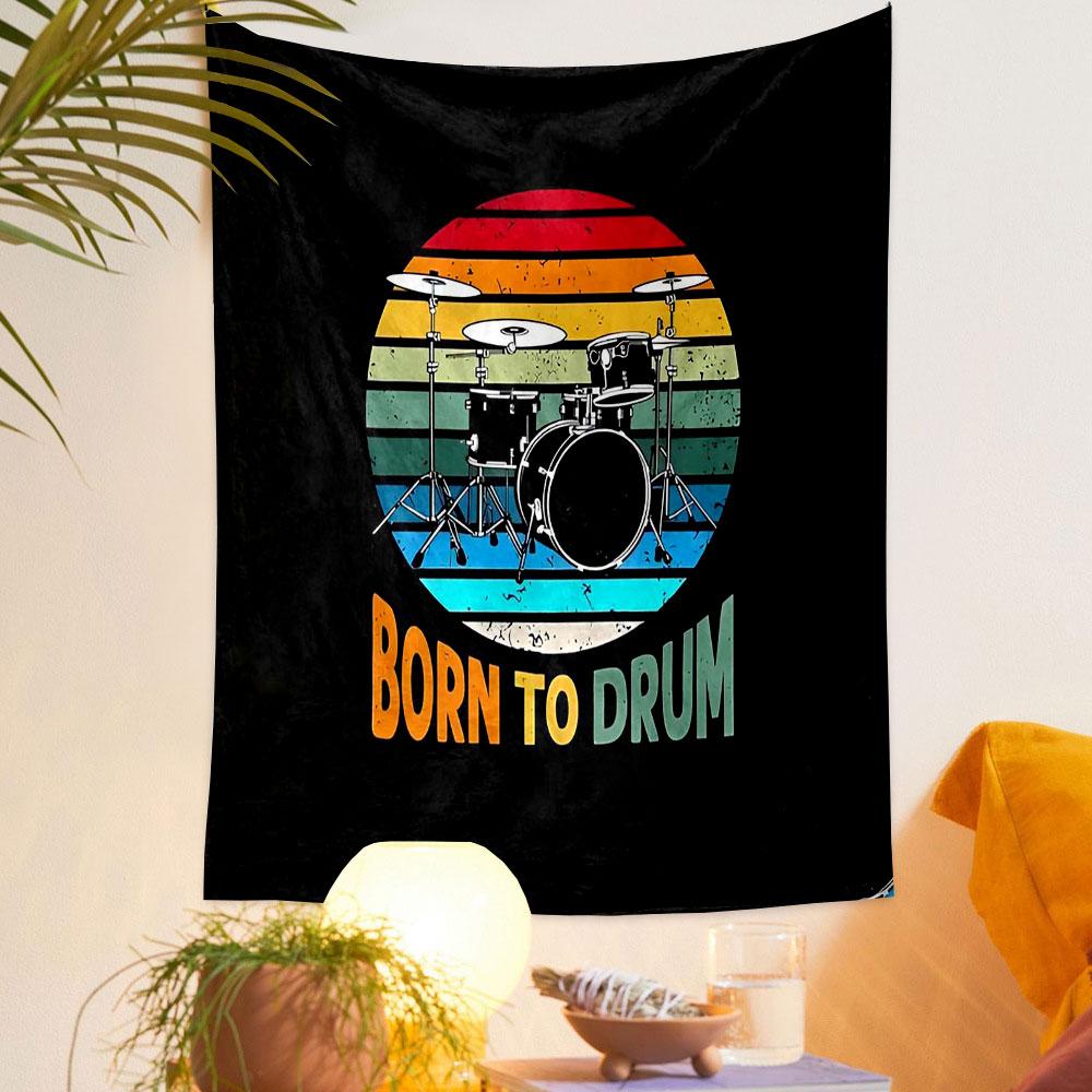 Born to Drum Retro Drum Set Design Patterned Tapestry Decorative Wall Hanging, Home Bedroom Living Room Decor