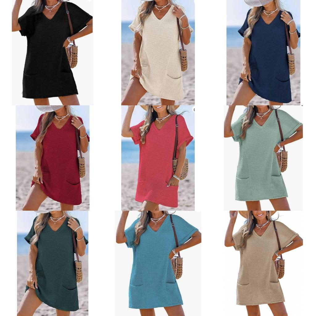 Knitted Tank Dress With Pockets And Deep V Neck For Beach And Travel Use