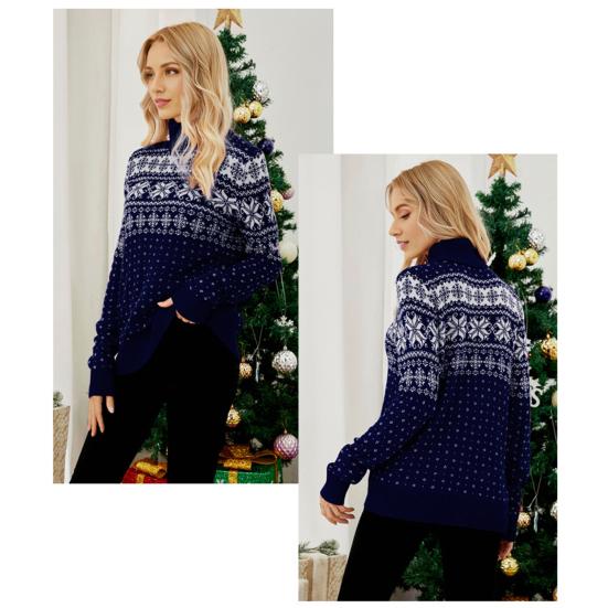 Женский рождественский свитер с высоким воротником и длинным рукавом, жаккардовый принт со снежинками, вязаные топы, свободный трикотаж