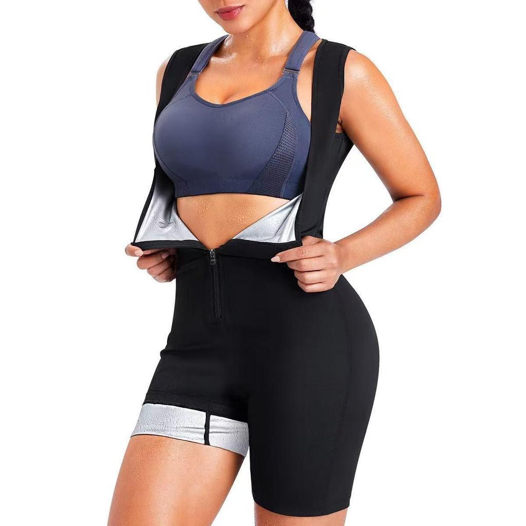 Women's Short Sleeve Sauna Sweat Suit with Tummy Control Waist Belt