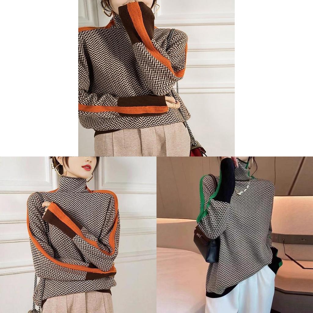 Geometric Pattern Knit Sweater With Color Block Edges For Women Fall