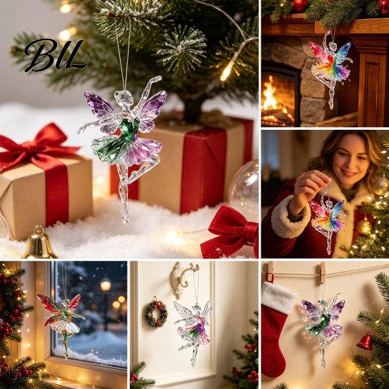 Christmas Tree Hanging Ornaments 2Pcs Glitter Ballet Girl Keychain, 2D Acrylic Pendant for Bag Backpack, Sparkling Fence Branch Decorations Dancer Car