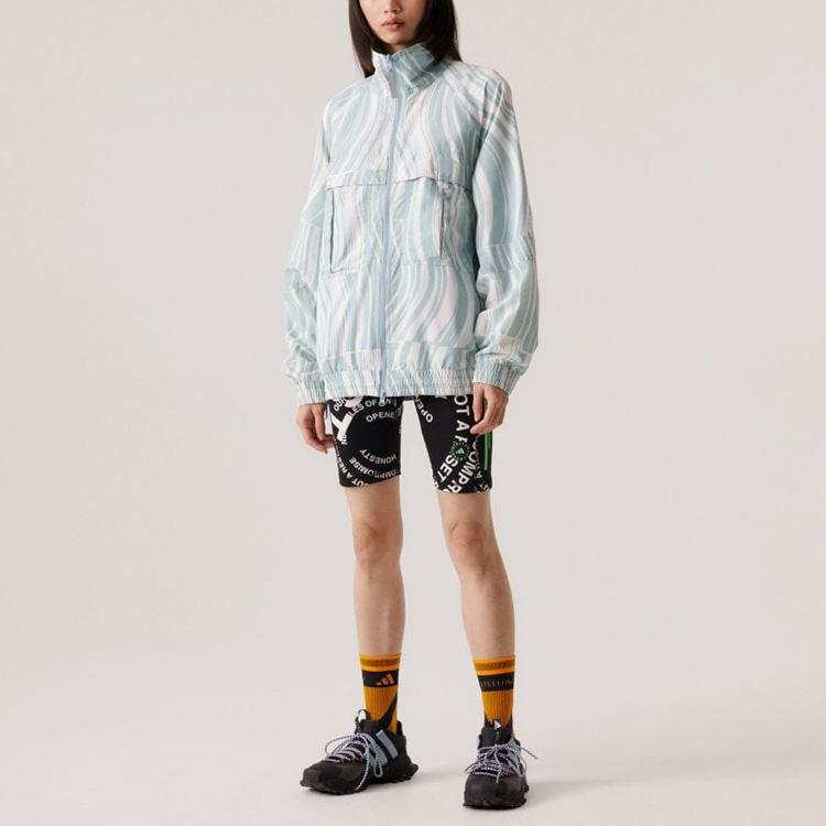 adidas Stella McCartney Collaboration Полосатый узор с полным принтом и воротником-стойкой, куртка с длинными рукавами, женская куртка, белая HT1102