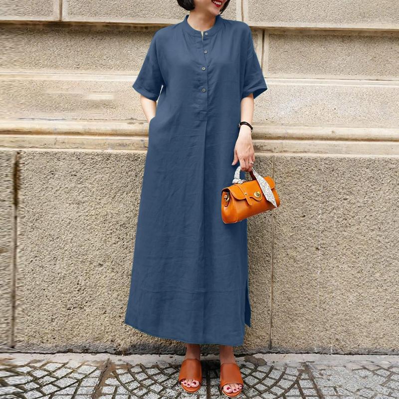 ZANZEA Женское повседневное летнее платье с воротником-стойкой и коротким рукавом