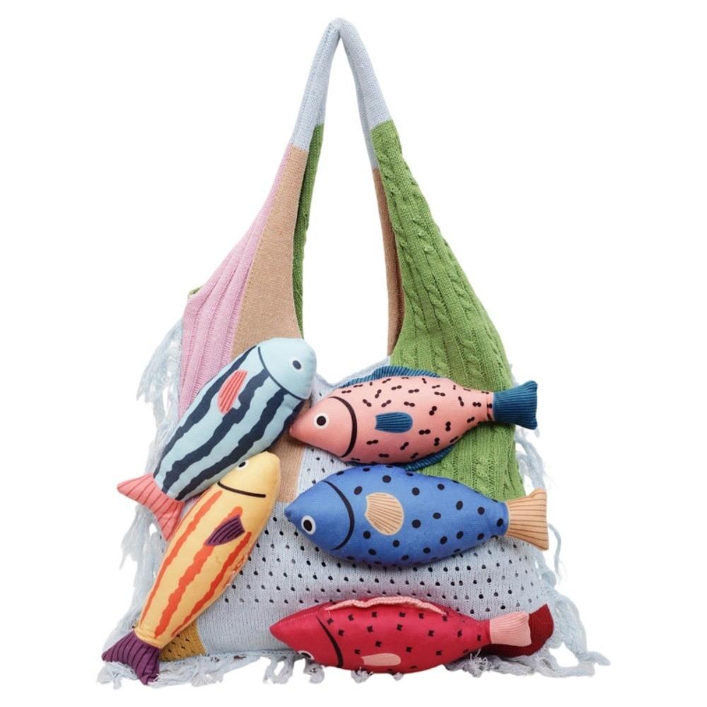 Fish Cotton Crochet Shoulder Bag Large Capacity Tassels Beach Handbag Hollow Out Woven Bag Beach