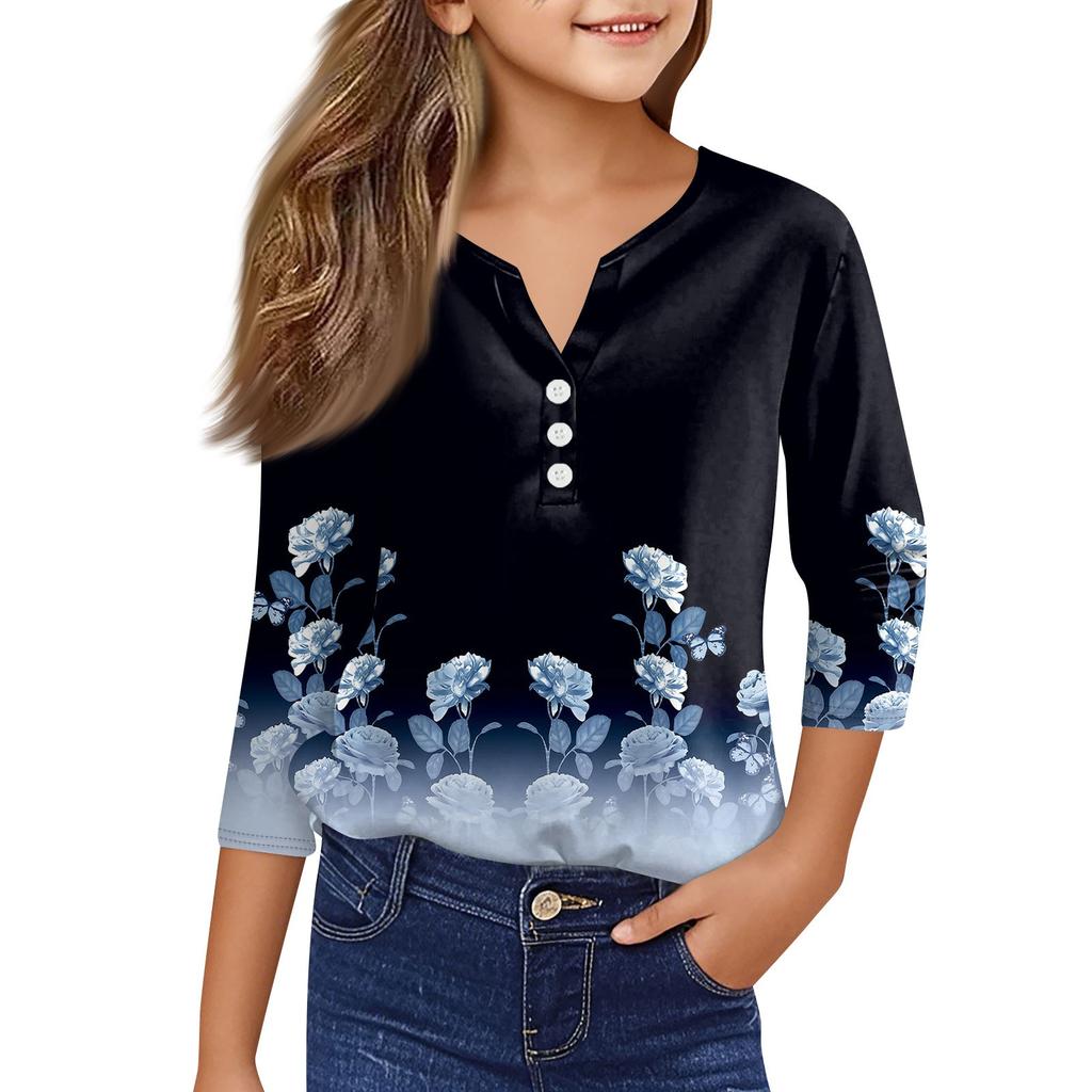 Повседневные модные топы для девочек с принтом, футболка с семью рукавами и пуговицами