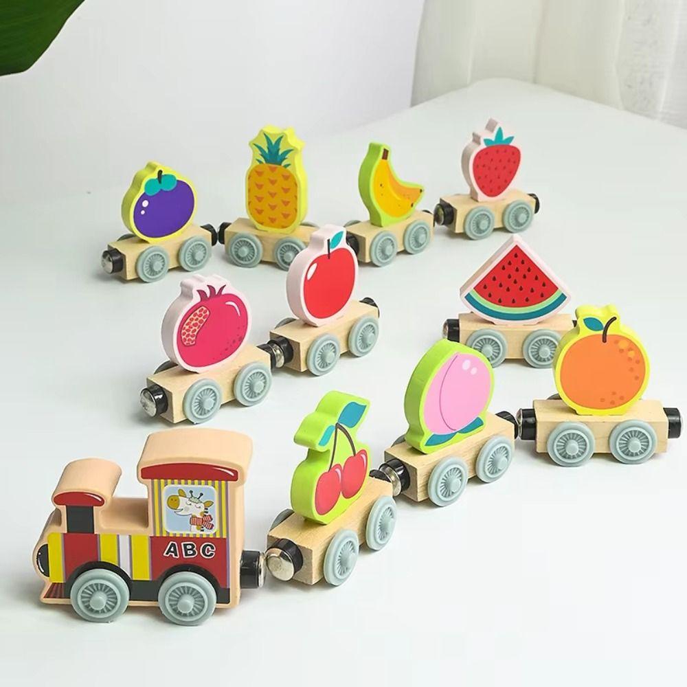 Animal Fruit Train Wooden Toy Transportation Wooden Magnetic Train Learning Teaching