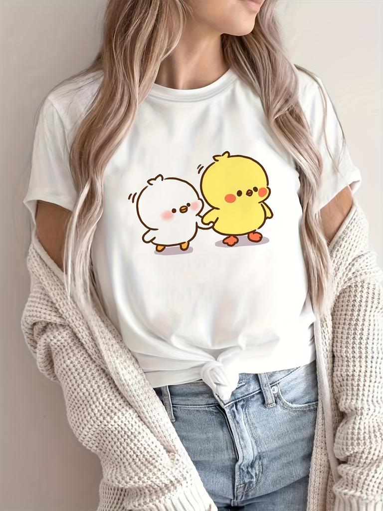2026 Women Cute Cartoon Duck Chicken Print T-Shirt Women Casual Short Sleeve T-Shirt Summer Harajuku Streetwear Top Fashion Tees