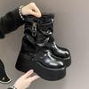Модные женские ботильоны на толстой подошве 10 см, зимние теплые меховые сноубутсы, шнуровка, ремешок с пряжкой, кроссовки, кожаные мотоботы