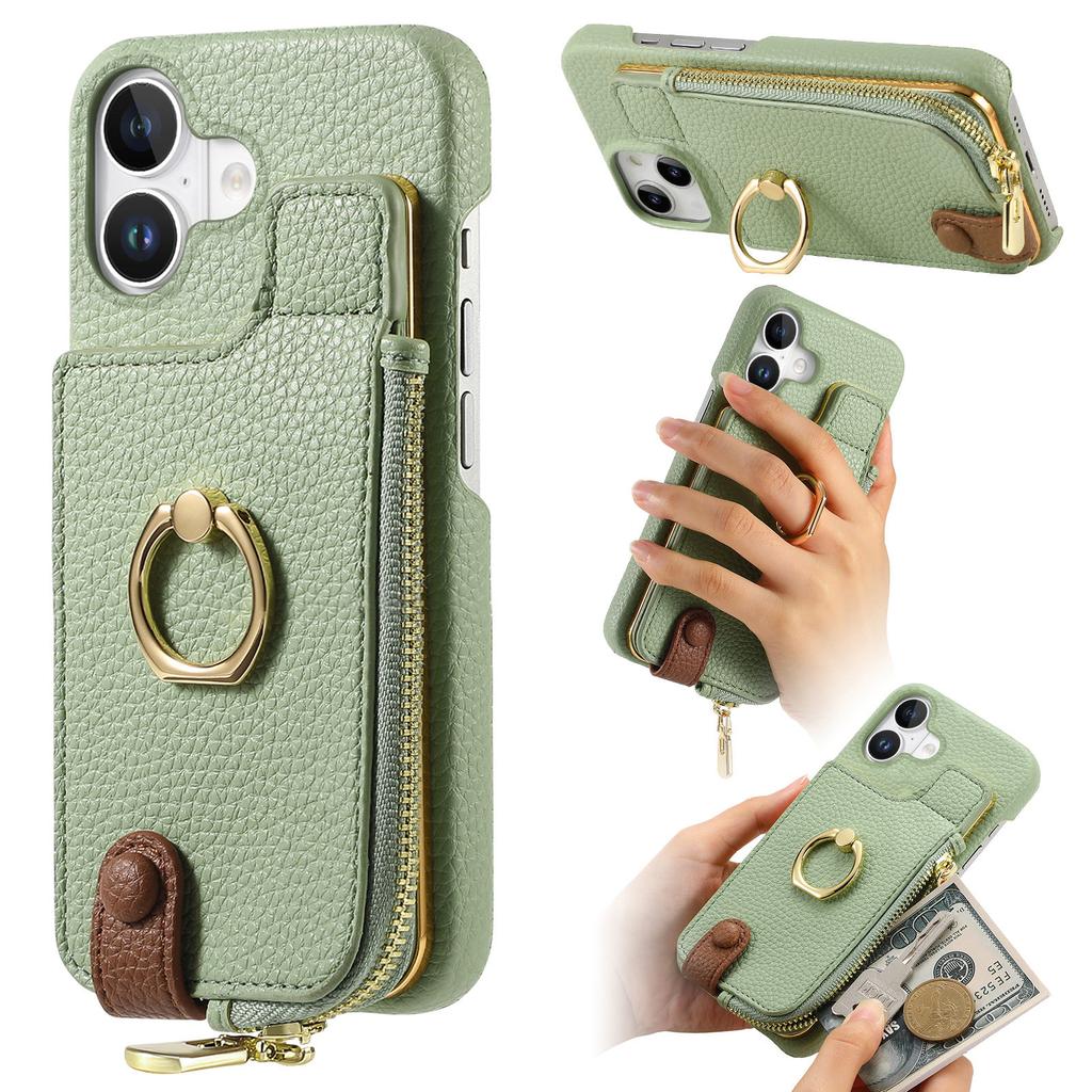 Y3 For iPhone 16 Case Card Holder Kickstand Leather+TPU Phone Cover with Zipper Pocket - Purple
