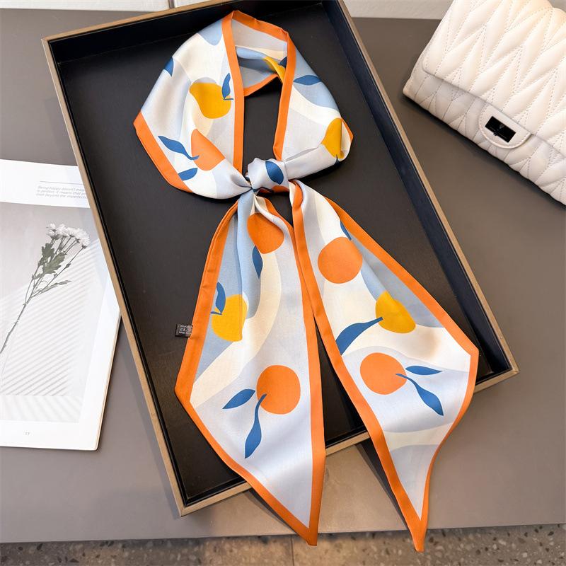 Korean Long Skinny Silk Scarf for Women Bag Tie Lady Hairband Fruit Print Brand Lady Neckerchief Ribbon Bag Handle Ribbon Scarf