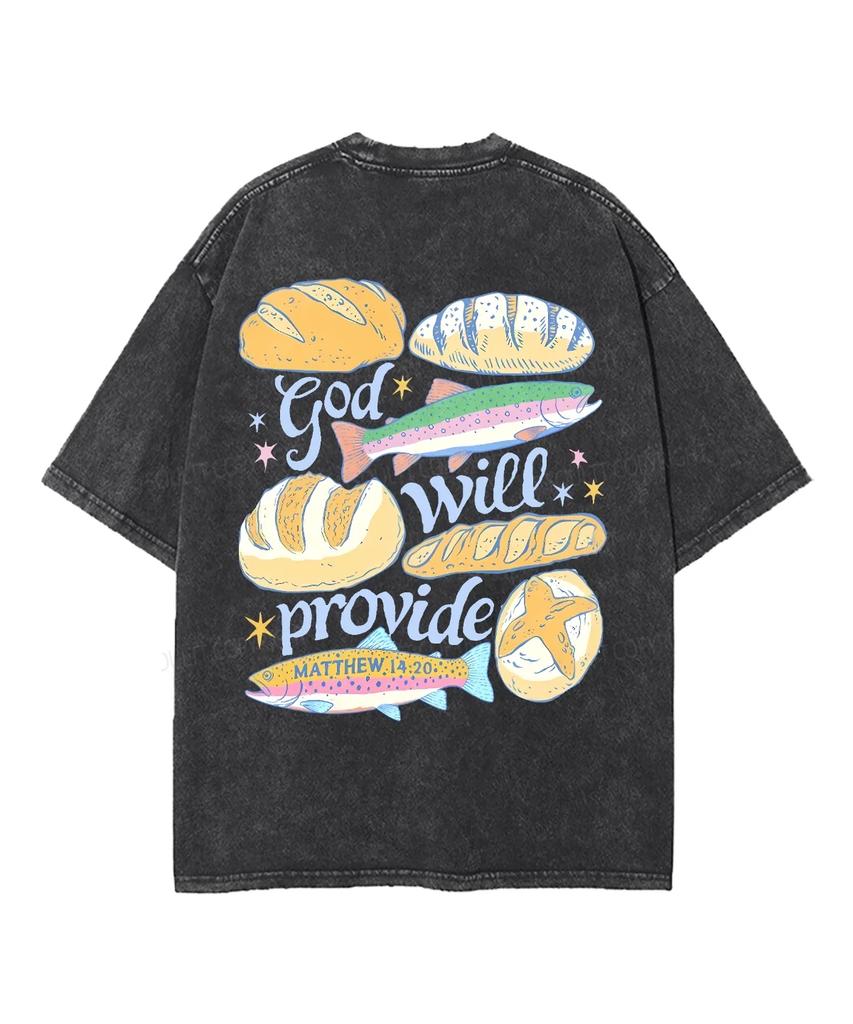 God Will Provide Bread Fish Graphic Front Back Print Vintage Washed T-shirt Unisex Oversized Tee Matthew Christian Casual Tops