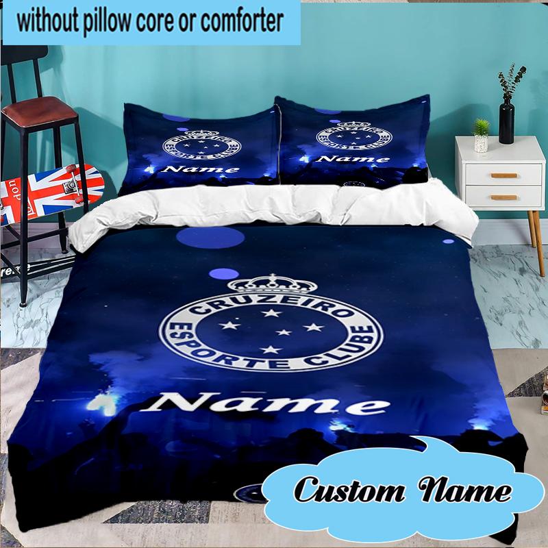 Custom Name Blue Stars Cruzeiro Football Bedding Set 3pcs, Bedding Set Including 1pc Duvet Cover And 2pcs Pillowcases for Bedroom, Dormitory Gift