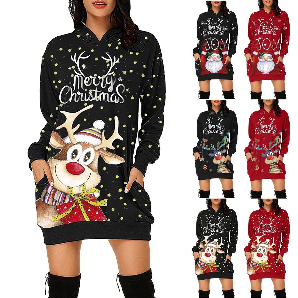 Fashion Casual Women's Christmas Printed Long Sleeve Hooded Pullover Dress Top