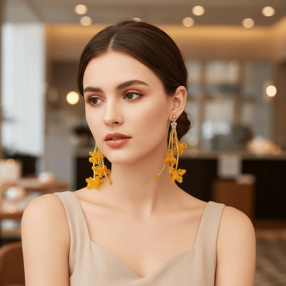 Fresh Pastoral Holiday Style Earrings Crystal Flower Beaded Floral Earrings Beaded Earrings Women