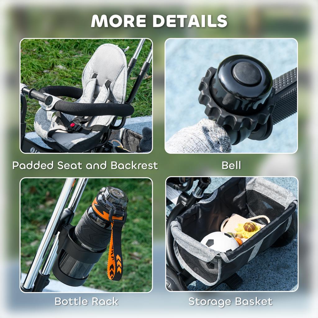 Evolutionary Tricycle, 12+ Months, Foldable Canopy, Telescopic Push Handle, Safety Belt, Gray