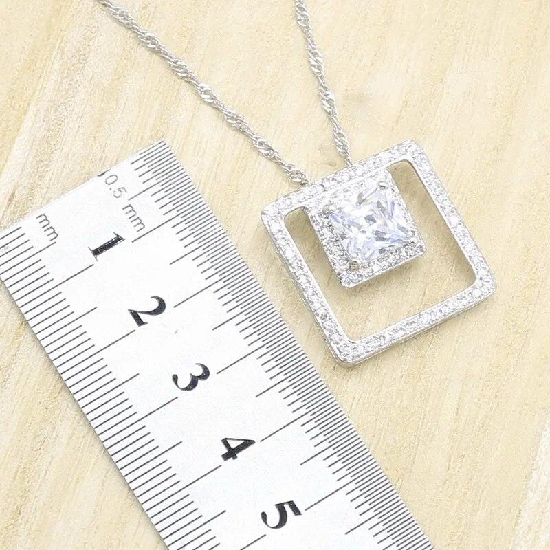 Geometric White Zircon Silver 925 Wedding Jewelry Set for Women Bracelet Long Earring Necklace Pendant Ring Gift Box