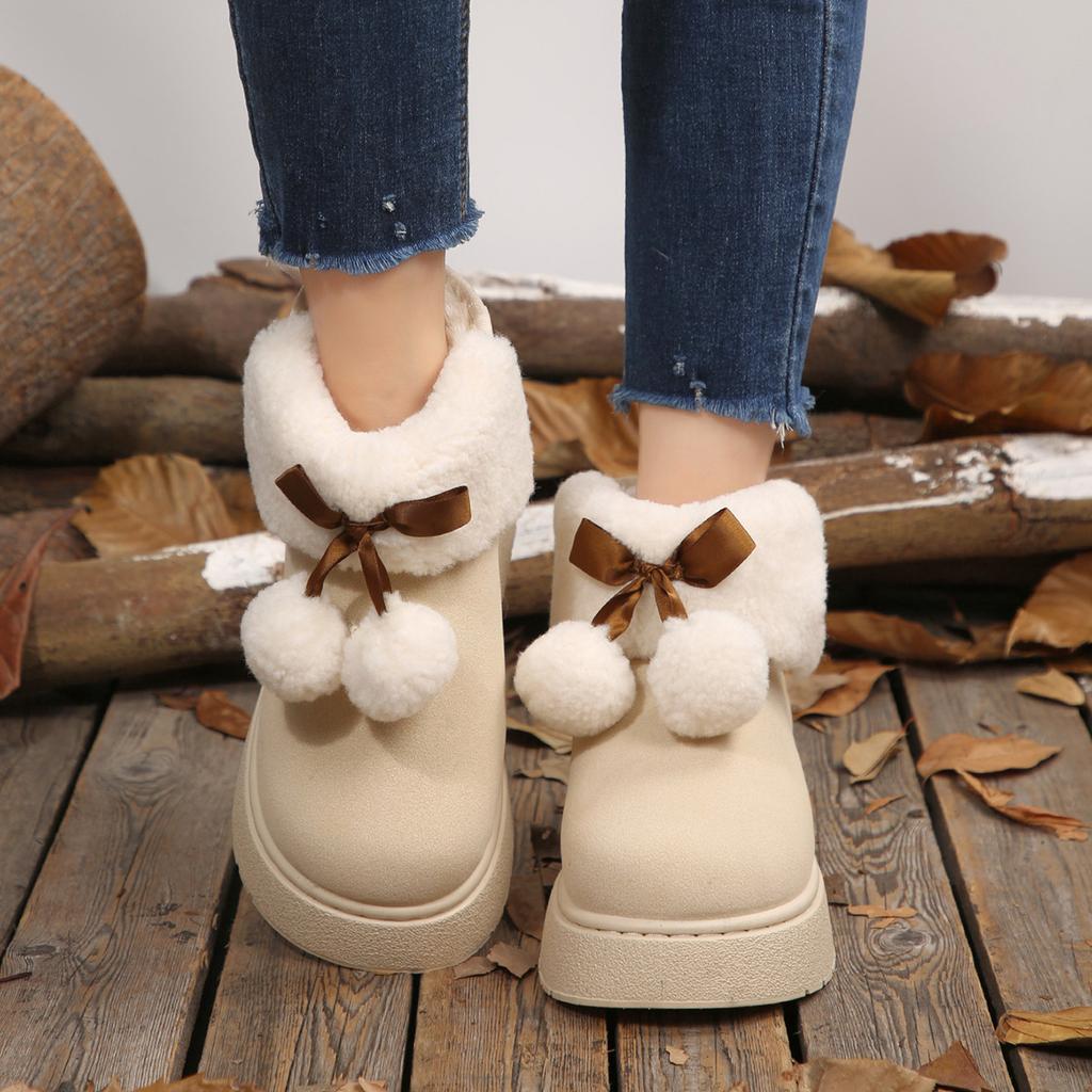 Fashion Soft Thick Bottom Furry Snow Boots Women 2025 Winter Chunky Platform Fluffy Fur Ankle Boots Cute Plush Ball Bowknot Cotton Shoes