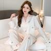 Women Pajama Set Thin Long Sleeved Cardigan Simple And Sweet Ice Silk Housewear Suit Pyjamas