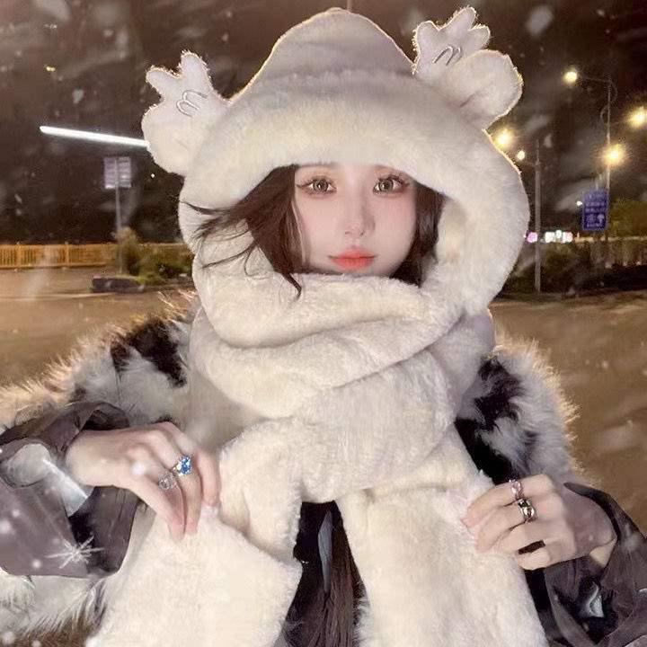 Женский набор: милый шарф-капюшон с мишкой: Плюшевая шапка, шарф и перчатки на зиму