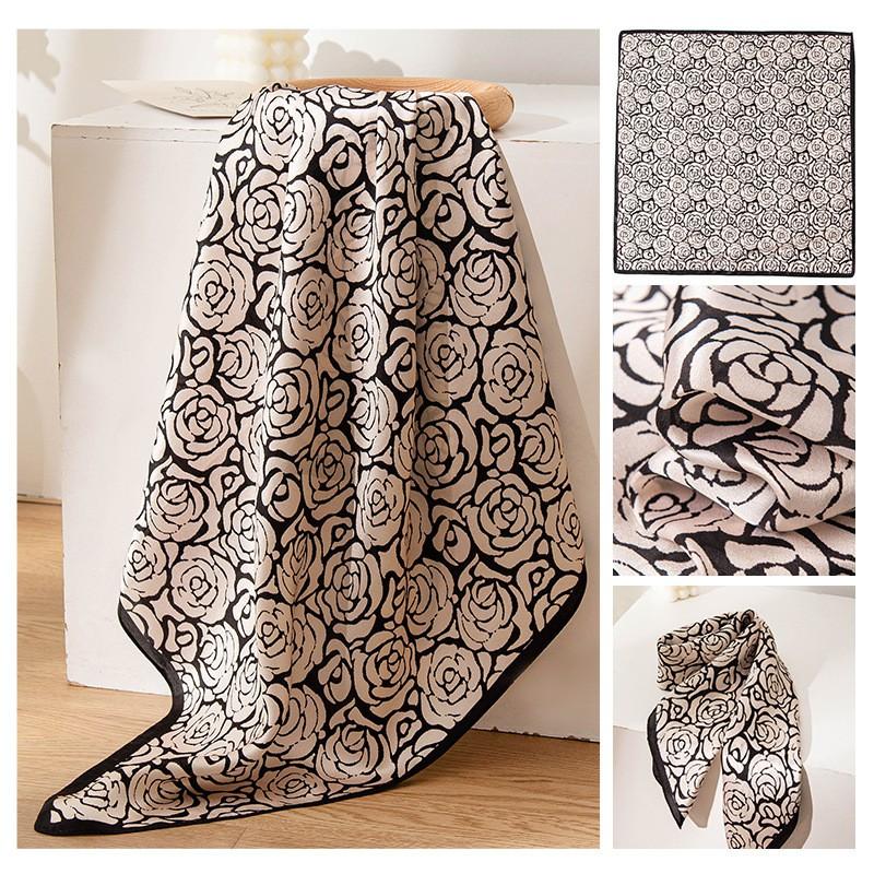 Black Coffee Leaf Print Silk Scarf 65x65cm Elegant Womens Square