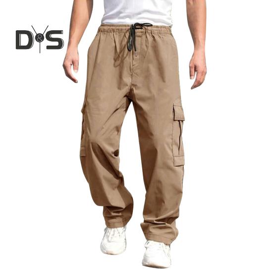 Мужские брюки-карго весна-осень с несколькими карманами, эластичный пояс, прямые спортивные брюки, эластичные брюки, однотонные, свободные, уличный стиль, для бега