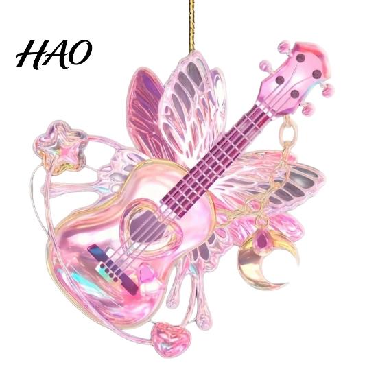 Personalized Holiday Tree Decor Pink Guitar Butterfly Ornament, Acrylic Music Hanging with Rose Artistic Baubles And Quote, Christmas Pendant, Country